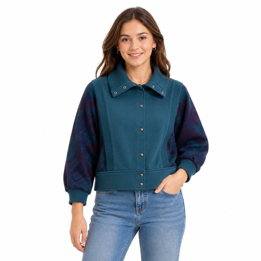 Vintage Bambino Jacket Women Juniors 7 Teal Abstract Bomber Snap Front Cropped